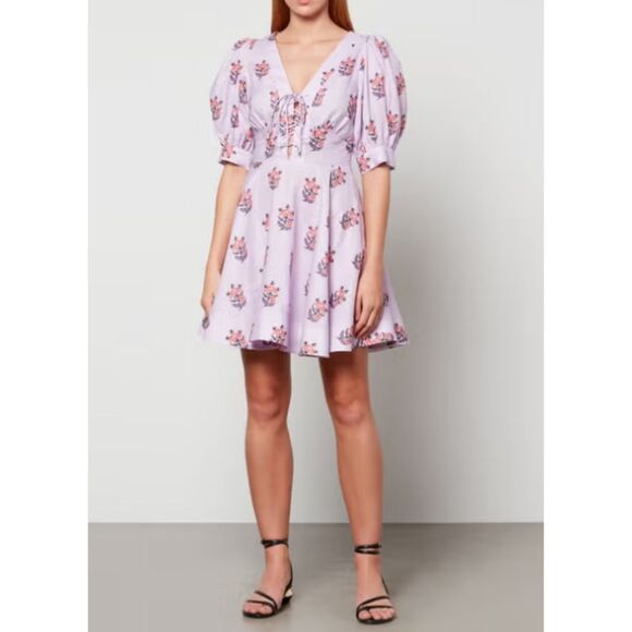 House of Harlow 1960 Purple  Floral Lace Up Puff Sleeve‎ Mini Dress Size 6 - Picture 1 of 11